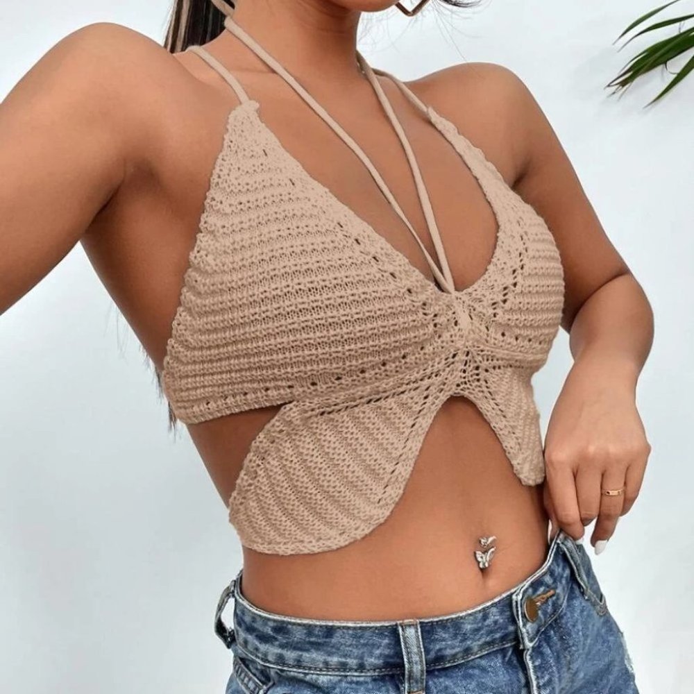 boho Tied Backless Asymmetrical Hem Knit crop Top - Picture 3 of 5